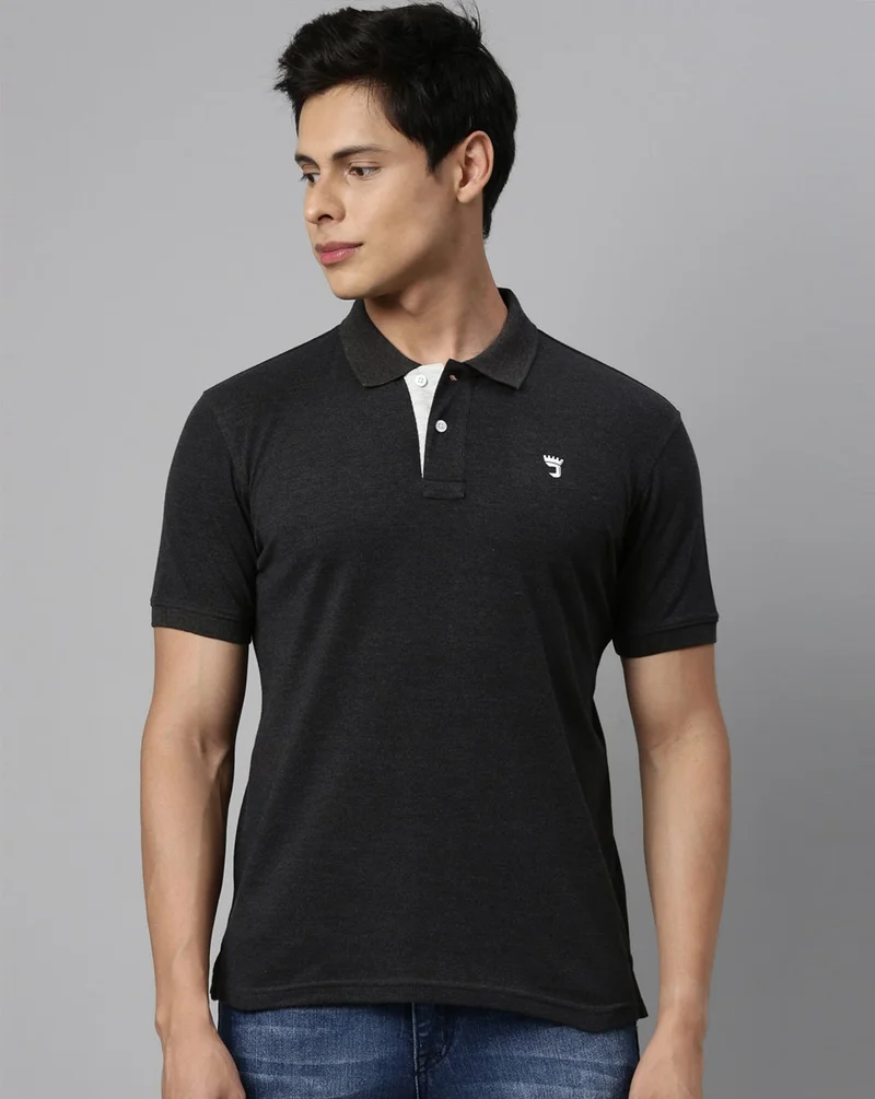 Joven Men Jet Black Solid Polo Collar Pure Cotton T-Shirt